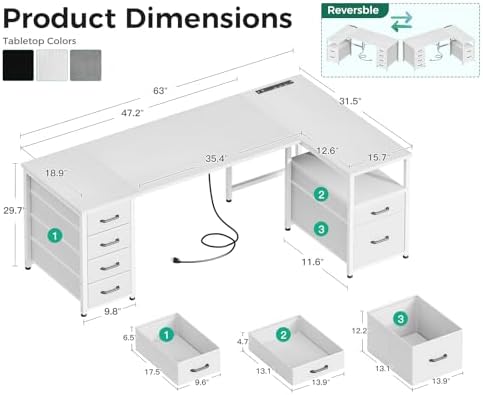 Coleshome 63 Inch L Shaped Office Desk with 6 Drawers, Power Outlet, White - Image 3