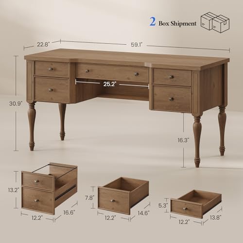 59in Wood Executive Desk with Solid Wood Legs & Keyboard Tray, Brown - Image 2