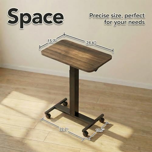 HUANUO Small Rolling Laptop Standing Desk, Height Adjustable Mobile T-Base Desk with Lockable Casters, Portable Sit-Stand Workstation for Bedside & Sofa, Walnut - Image 3
