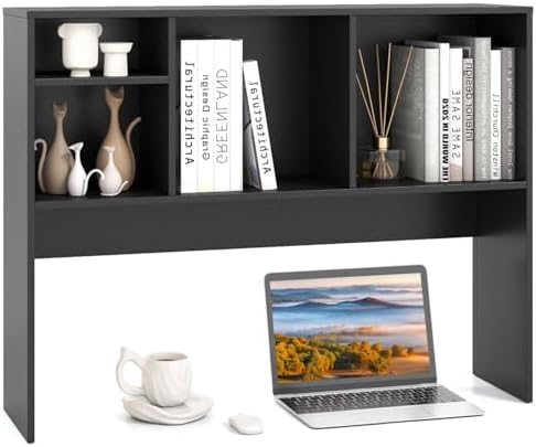 Goplus ReunionG Desk Hutch 2-Tier, Wood Hutch Top Only w/4 Shelves for Computer Monitor, Laptop, Dressing Table, Desk Organizer Display Rack Desktop Bookshelf for Home, Office, Dorm (Black) by Goplus