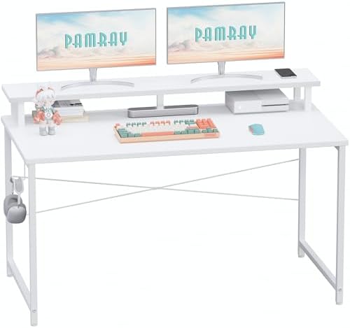 Pamray 47 Inch Small Computer Desk with Monitor Stand, Simple Office Desk with Headphone Hook for Small Spaces, Kids Study Writing Table for Bedroom, White by PAMRAY