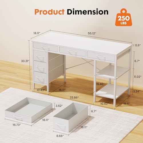 Sweetcrispy 55" Computer Desk with 6 Fabric Drawers & Storage Shelves - Image 3