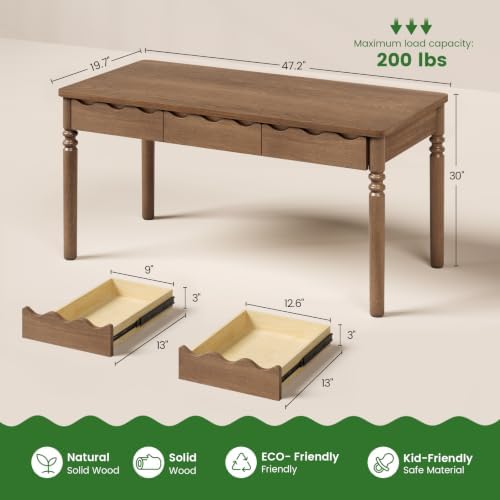 SEDETA Solid Pine Wood Computer Desk, 47'' Executive Home Office Desk with 3 Wood Drawers for Work Study Writing Bedroom, Makeup Vanity Desk, Brown - Image 2