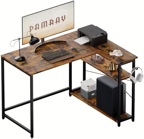 Pamray 43 Inch L Shaped Computer Desk with Reversible Side Storage Shelves, Small Corner Desk for Small Space Home Office,Writing Study Table PC Desk for Bedroom,Vintage by PAMRAY