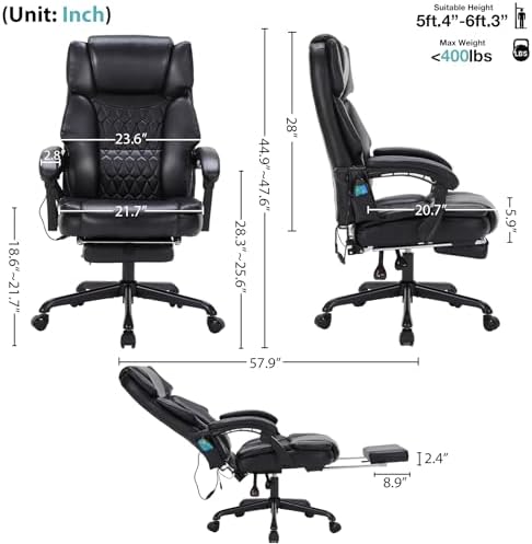 Massage Office Chair with Foot Rest 6 Points Vibration and Heat Home Office Desk Chairs for Heavy People 400lbs Reclining Managerial Chairs Ergonomic Executive Chair (Black) - Image 2