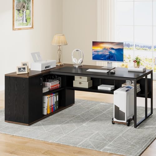 Tribesigns 71 inch Executive Desk, L Shaped Desk with Cabinet Storage, Executive Office Desk with Shelves, Business Furniture Workstation for Home Office, Black and Brown - Image 6