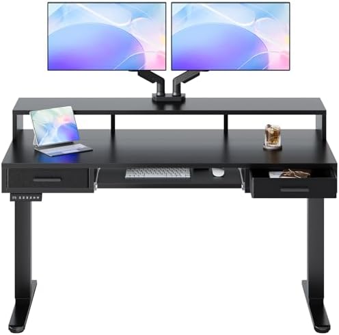 HUANUO 55″ X 26″ Electric Standing Desk with 2 Drawers &24.4″ Large Keyboard Tray, C-Clamp Mount Compatible, Adjustable Computer Desk for Office, Sit Stand Up Desk with 4 Height Presets, Black by HUANUO