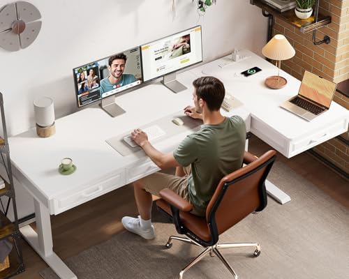 OffiGo 63 Inch L Shaped Standing Desk with 4 Wooden Drawers, White - Image 2
