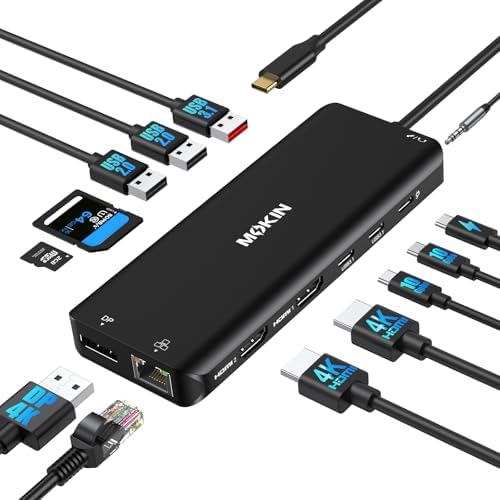 USB C Laptop Docking Station Dual Monitor Dual HDMI 4K DP Triple Display Hub, 13 in 1 MOKiN USB C Hub with 3 Monitors, DisplayPort, USB 3.1, RJ45, 100W PD, Card Reader, Audio/Mic, for Dell HP, Black by MOKiN