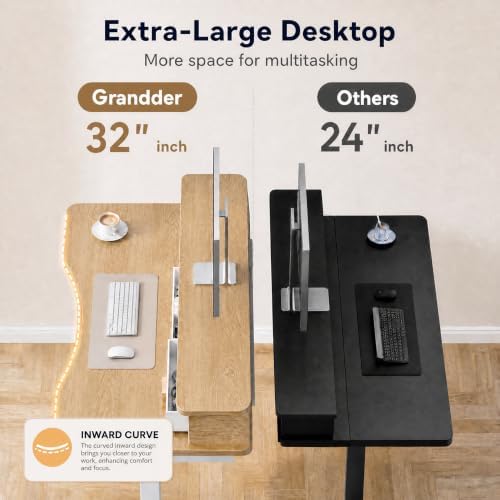 Grandder Electric Standing Desk with Two Drawers, CurvedSit to Stand Up Height Adjustable Desk with Storage Shelf for Home Office, 63 * 32 Inch, Study, Ergonomic Adjustable Computer Desk, Oak - Image 5