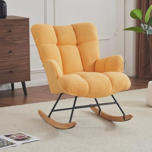 SAETSFEG Rocking Chair Nursery Teddy Upholstered Glider Rocker Rocking Accent Chair Padded Seat with High Backrest Armchair Comfy Side Chair for Living Room Bedroom Offices (Golden Yellow Teddy) by SAETSFEG