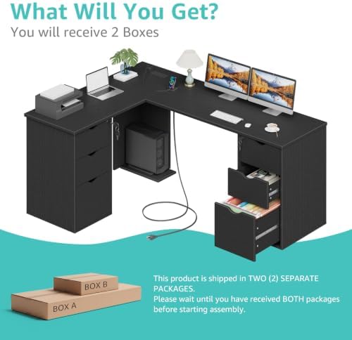 WINAZ 66" L Shaped Desk with 6 Lockable Drawers, Black Corner Computer Desk - Image 5