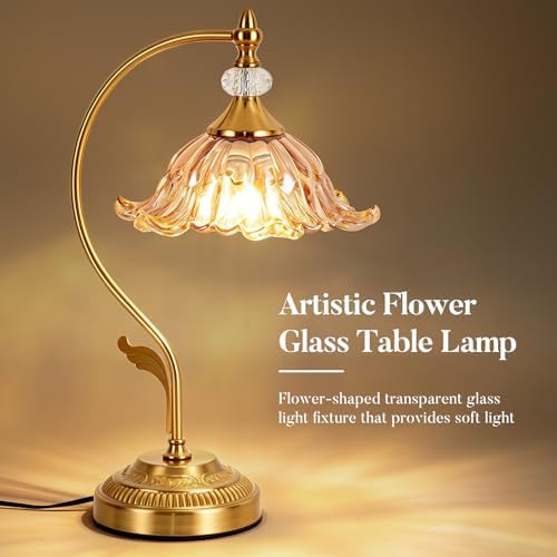 Vintage Floral Table Lamp, Plug in Mid-Century Modern Desk Lamp with Amber Glass Shade, Gold Bedside Table Lamp Dimmable for Bedroom Living Room Home Office, E26 Base, UL Listed - Image 5