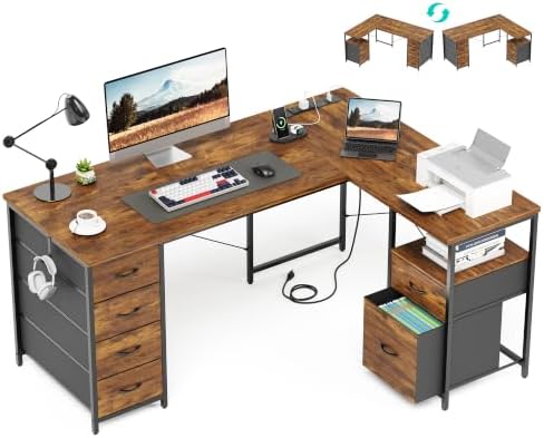 55 Inch L Shaped Office Desk with 6 Drawers & Type-C Port, Rustic Brown by YOUDENOVA
