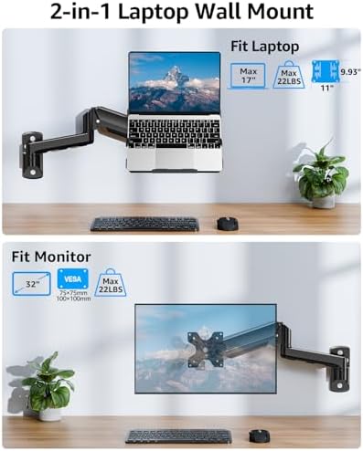 MOUNTUP Laptop Wall Mount, Adjustable Laptop Mount for Max 17" Notebook or Max 32" Monitor, Wall Mount Laptop Holder Holds 4.4-22lbs, 2-in-1 Laptop Arm with Ventilated Tray - Image 2