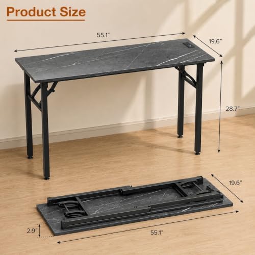 Folding Table Computer Desk - 55.1" No Assembly Folding Desk with Power Outlets & USB Charging Port, Small Desk, Foldable Office Desk, Compact Storage Portable Use for Small Space, Marble Greige - Image 3