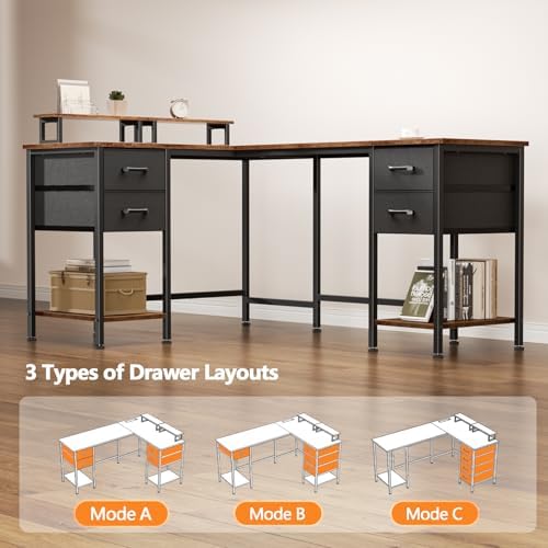 Korfile 59 inch L Shaped Computer Desk with Power Outlets, Rustic Brown - Image 6