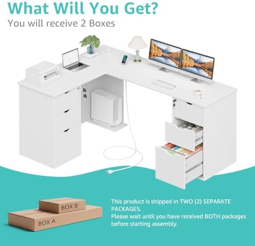 66" L Shaped Desk with 6 Lockable Drawers, White Corner Executive Desk - Image 5