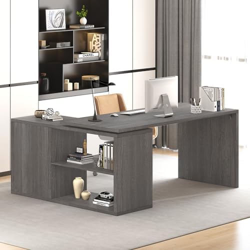 HSH L Shaped Computer Desk, Rustic Wood Corner Desk, Dark Gray Oak, 55 inch by HOMESWEETHOME