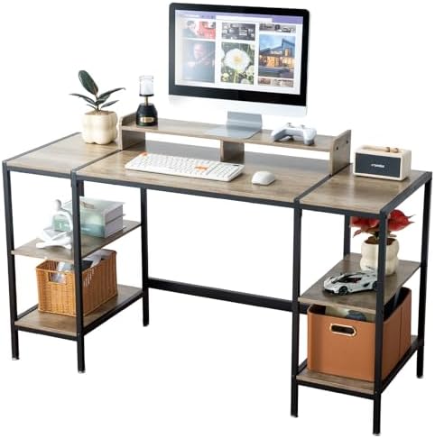 MINOSYS Gaming/Computer Desk - 47” Home Office Small Desk with Monitor Stand, Rustic Writing Desk for 2 Monitors, Adjustable Storage Space, Modern Design Corner Table. by MINOSYSfurniture