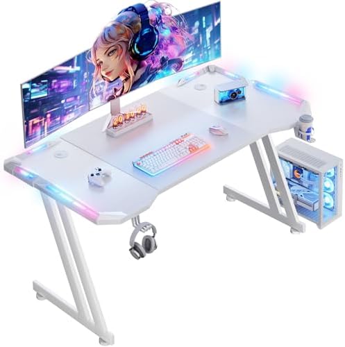 HLDIRECT 47 Inch Gaming Desk with App-Controlled RGB LED Lights, White by HLDIRECT
