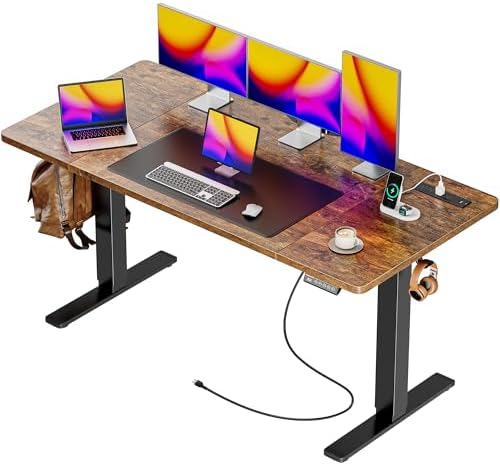 Huuger 55 x 28 Large Electric Standing Desk with 4 AC Outlets, Type-C Port, Height Adjustable Computer Desk, 27.6" Deep Desktop, Stand up Gaming Office Desk, 3 Preset Heights, Rustic Brown by Huuger