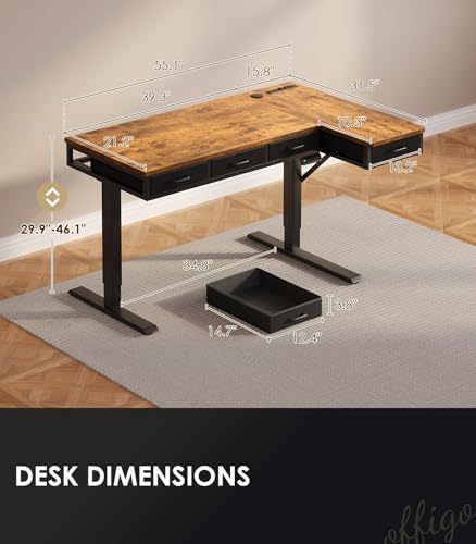 OffiGo 55 Inch L Shaped Electric Standing Desk with 4 Drawers, Rustic Brown - Image 3
