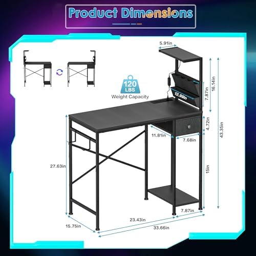 33.7 Inch Small Gaming Desk Table with LED Lights & Power Outlets, Compact L Shaped Gaming Computer Desk with CPU Stand, Drawer & Storage, Corner PC Desk for Kids, Home Office , Bedroom, Black - Image 2