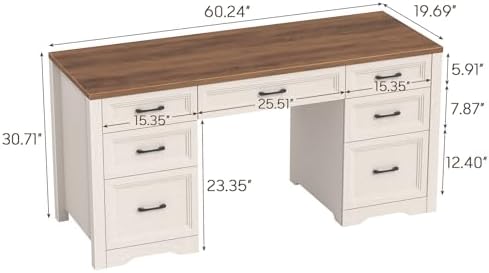 Vabches Farmhouse Executive Desk, Wood Home Office Desk with 2 Large File Drawers and 5 Storage Cabinets, Rustic Writing Desk for Work and Study, Brown - Image 2