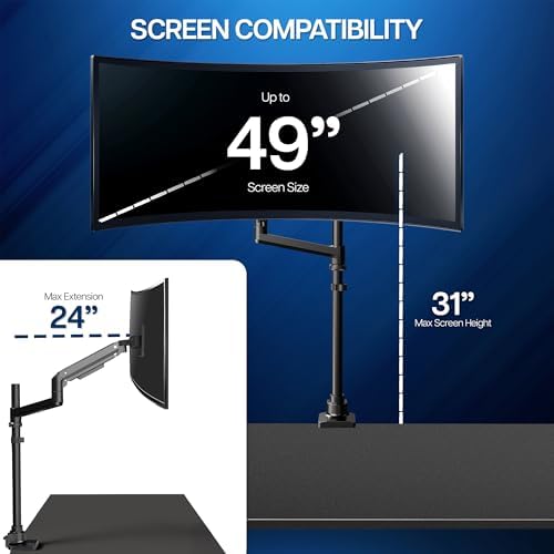VIVO Pneumatic Arm Single Ultrawide Monitor Extra Tall Desk Mount for Up to 49 inch Screens, Heavy Duty Clamp, Holds Ultra Wides Up to 44 lbs, Black, STAND-V110K - Image 4