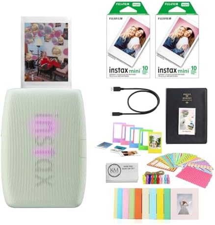 Fujifilm INSTAX Mini Link 3 Smartphone Printer | Sage Green Bundled with INSTAX Mini Instant Film | 20 Exposures + Instax Mini Album, Borders, Stickers & Clips + Microfiber Cleaning Cloth (4 Items) by FUJIFILM