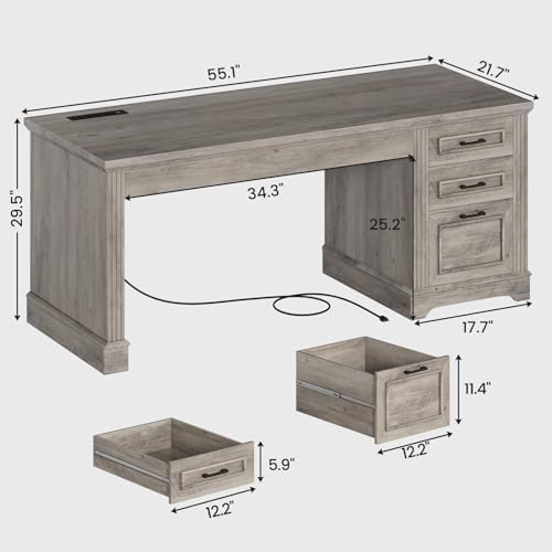 SEDETA Executive Office Desk with 3 Drawers, Farmhouse 55" Computer Desk with Storage File Drawers & Power Outlet for Home Office, Grey - Image 2
