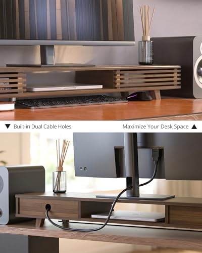 42" Dual Monitor Stand with Sliding Doors Desk Shelf Dark Bamboo - Image 4