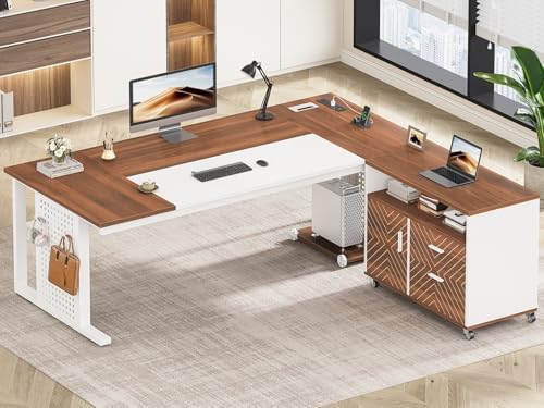 SEDETA 71" Executive Desk with Rolling File Cabinet, Large Office Desk with Drawers, L Shaped Computer Desk with Power Outlets, CPU Stand, Pegboard and Storage Shelves, White by SEDETA