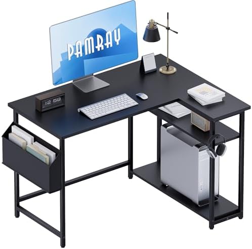 Pamray 40 Inch L Shaped Computer Desk with Reversible Side Storage Shelves, Small Corner Desk for Small Space Home Office, Writing Study Table PC Desk for Bedroom, Black by PAMRAY