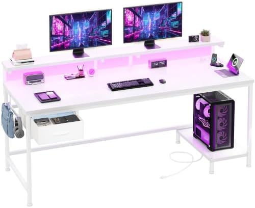 DurayLoly 55" Computer Desk with Power Outlet & Fabric Drawer,White by Durayloly