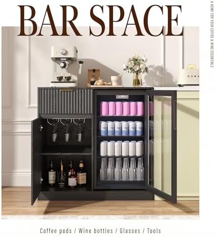 Mini Fridge Cabinet, Coffee Bar Cabinet with Fridge Space, Black - Image 3