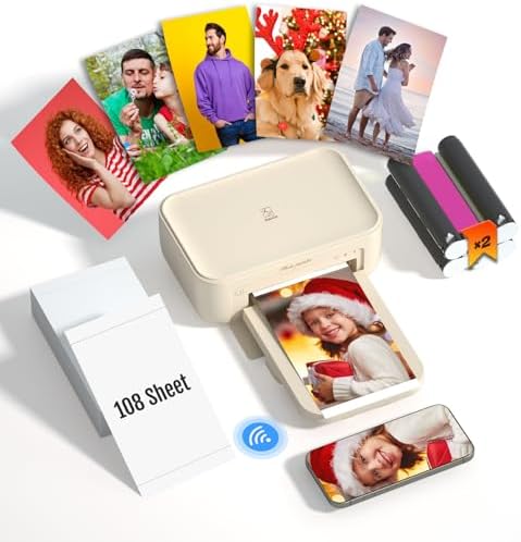 iDPRT 4×6 Photo Printer, Bundle 108 Sheets Photo Paper & 2 Ribbon Cassette, Photo Printer for iPhone & Android, Beige by iDPRT
