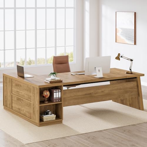Tribesigns 78" L Shaped Desk with Drawers, Large Executive Office Desk with File Cabinet and Shelves, Modern Corner Computer Table Business Furniture for Home Office, Brown by Tribesigns
