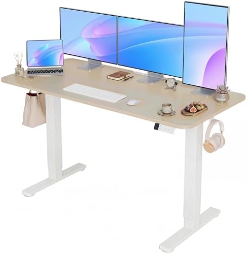YDN Electric Standing Desk Adjustable Height, 63 x 24 Inches Sit Stand up Desk with Memory Presets & Cable Management, Home Office Desk for Office & Computer Workstation, White Frame/Nature Top by YDN