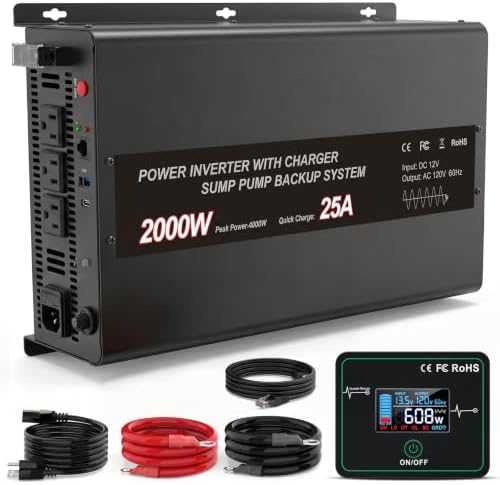 Sump Pump Battery Backup System, 2000W Pure Sine Wave Inverter with Remote Control & LCD Screen, Auto Switches to Battery Power, for Basement Flood Protection & Power Outage Emergency by Gsskny