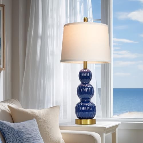 28" Navy Blue Table Lamps Set of 2 for Living Room, Modern Ceramic Bedside Lamps for Bedroom, Ribbed Gourd Table Lamps for Nightstand (2 LED Bulbs Included) - Image 3