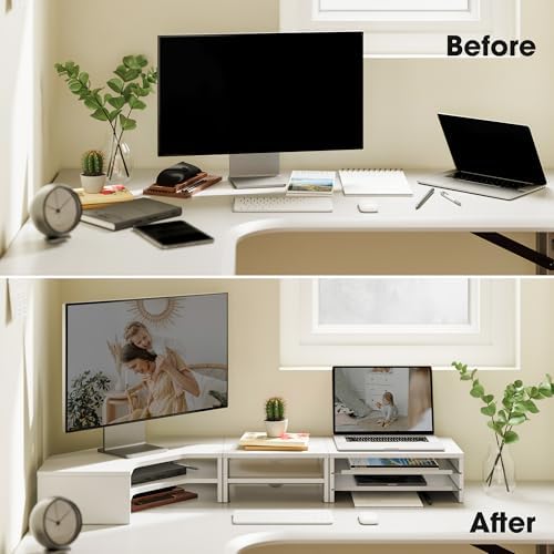Fenge Dual Monitor Stand, Corner Desk Shelf with Drawer & Slide-Out Tray - Image 6