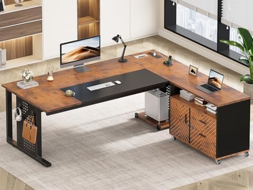SEDETA 71" Executive Desk with Rolling File Cabinet, Large Office Desk with Drawers, L Shaped Computer Desk with Power Outlets, CPU Stand, Pegboard and Storage Shelves, Rustic Brown by SEDETA