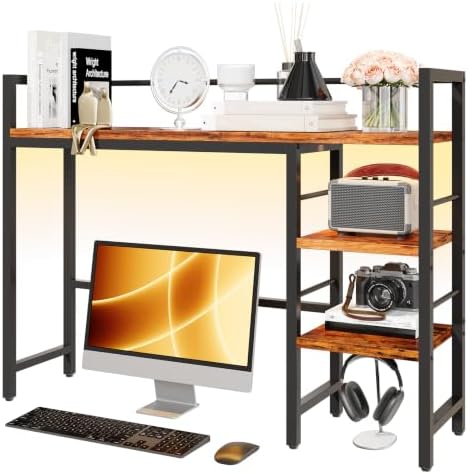 HavenlyYouth Desk Shelf with LED Light Strip, 3-Tier Storage Desktop Organizer Shelf, 38.6" Wood Desktop Bookshelf for Computer Monitor, Desk Hutch for Home Office Dorm, Rustic by HAVENLYYOUTH
