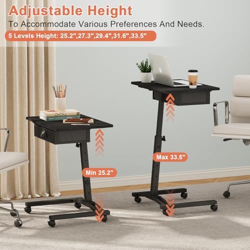 Rolling Adjustable Height Computer Desk With Drawers, Small Mobile Laptop Desk Cart On Wheels For Small Spaces Home Office, Portable Sitting Laptop Table For Bed Couch Load Up To 60LBS, Sturdy, Black - Image 5
