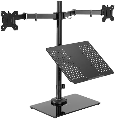 VIVO Freestanding Dual Computer Monitor and Laptop Combo Desk Stand with Glass Base, Fits up to 32 inch Monitors and 17 inch Laptops, Black, STAND-V003FGL by VIVO