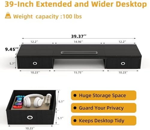 39 Inch Dual Monitor Stand Riser with 2 Drawers - Large Black Wooden Computer Stand for 2 Monitors, Ergonomic Desk Organizer with Phone Holder, Desktop Storage for Laptop, Office Supplies, Home Office - Image 6