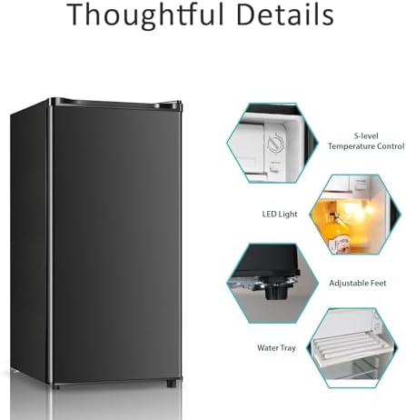 Seaoola Mini Fridge with Freezer, Single Door 3.1 Cu.Ft, Compact Mini Refrigerator, LED Light, Adjustable Thermostat, Removable Glass Shelves, Small Refrigerator for Dorm/Office/Bedroom(Black) (Black) - Image 4