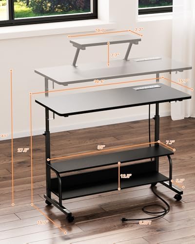 Height Adjustable Standing Desk with Power Outlets and LED Lights - 39" Manual Stand Up Desk with Monitor Stand and Storage Shelves Small Mobile Rolling Computer Desk Portable Laptop Table, Black - Image 3
